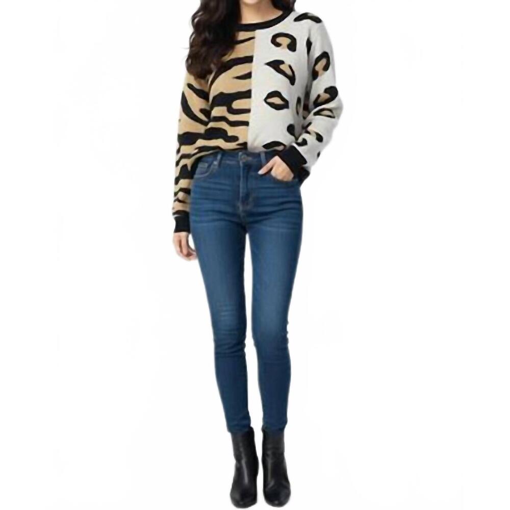 NEW KATHIE K animal print knit sweater in black multi